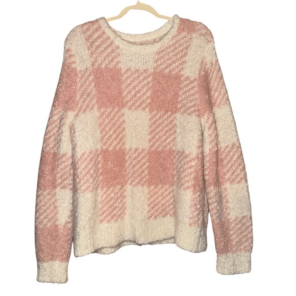 J. CREW Boucle Buffalo Check Plaid Chunky Sweater Pink White Wool Alpaca Size XL - Picture 6 of 16